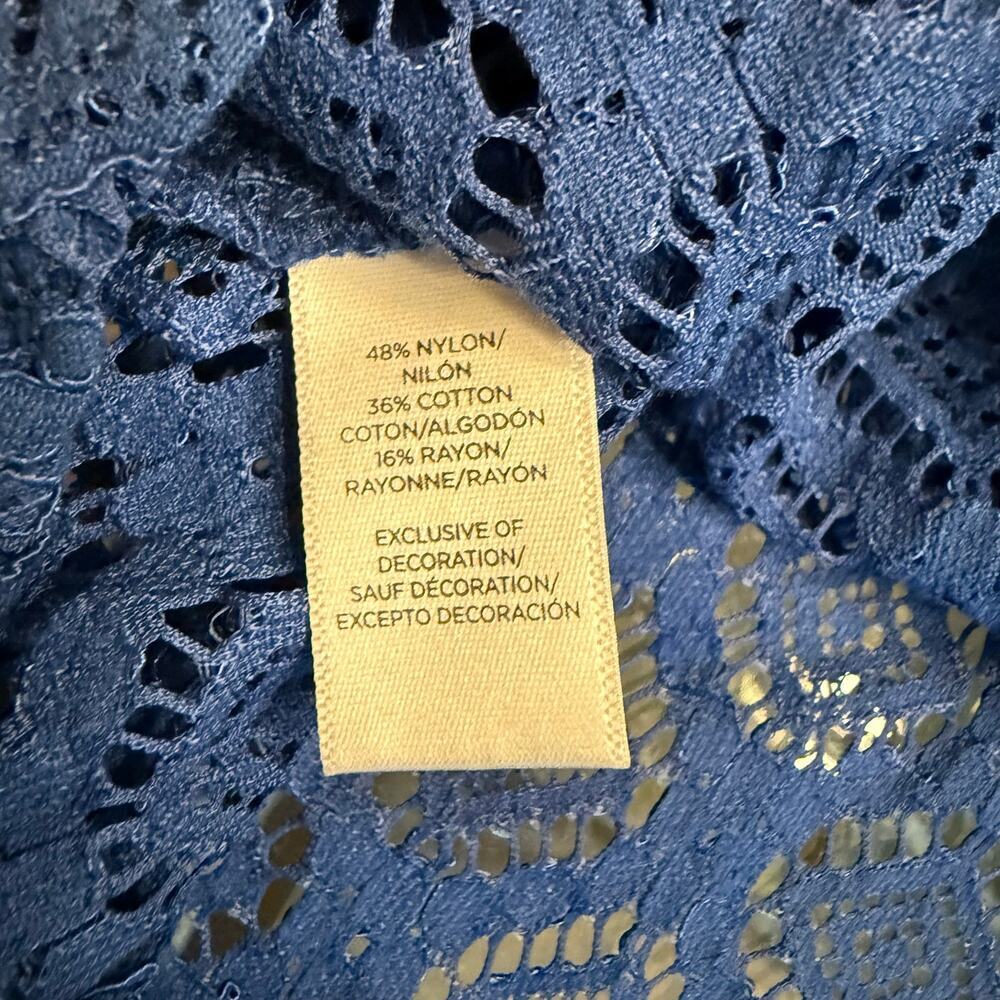 LOFT Blue Lace Short Sleeve Top Sheer Ruffle Collar Large - Picture 6 of 6
